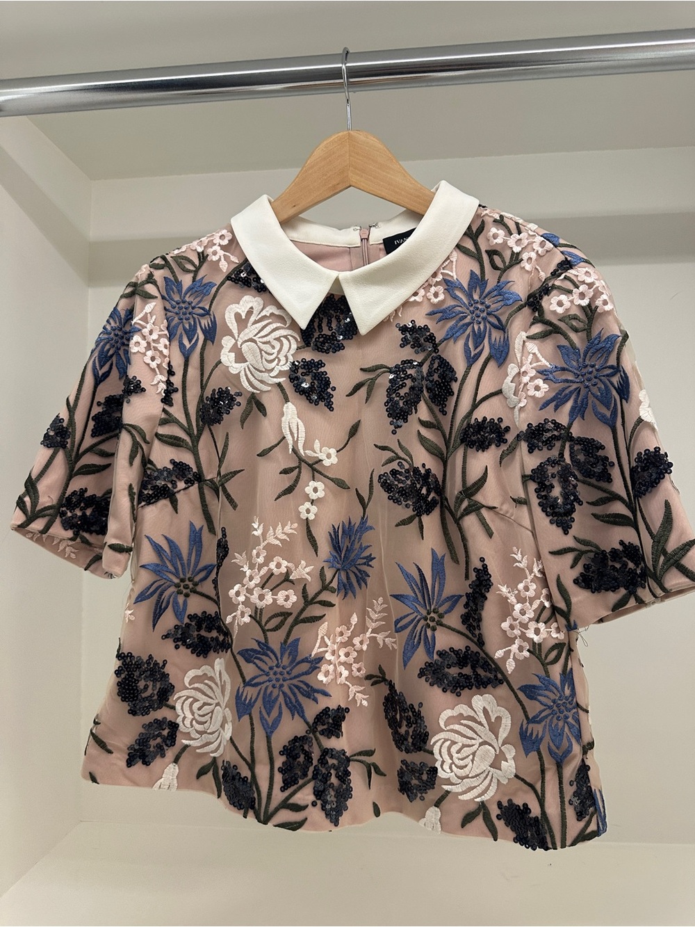 Ivanka Trump Blush Floral Embroidered Peter Pan Collar Top